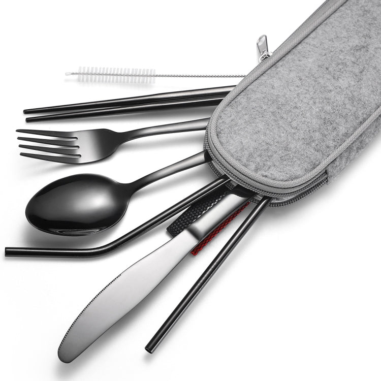 7 in 1 Cutlery Spoon Chopsticks And Straw Set Stainless Steel Portable Cutlery Set, Specification: Black+ Light Bag
