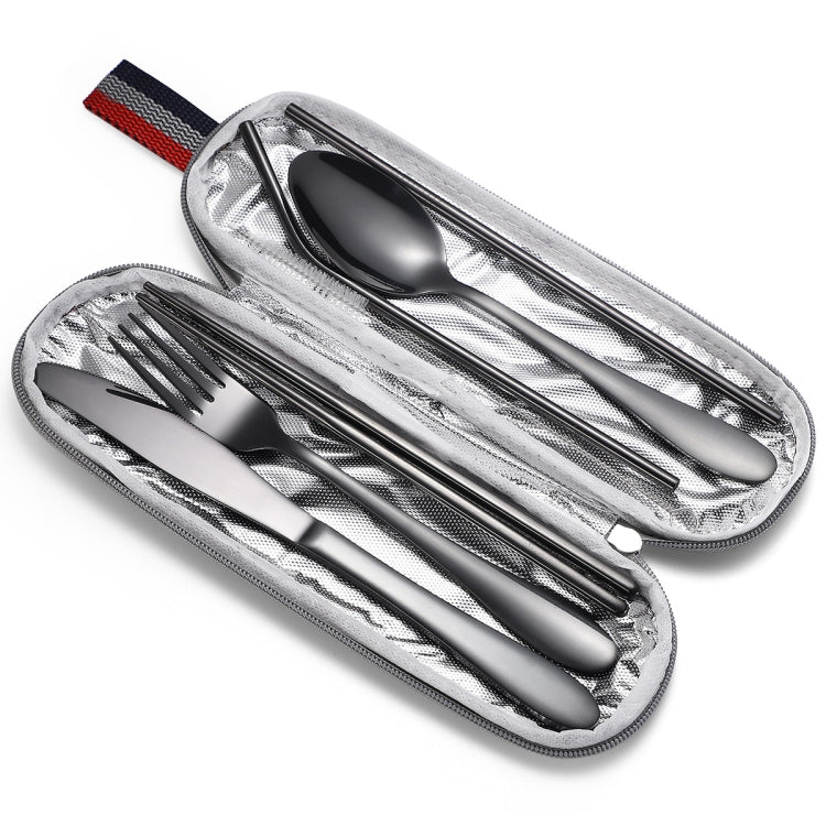 7 in 1 Cutlery Spoon Chopsticks And Straw Set Stainless Steel Portable Cutlery Set, Specification: Black+ Light Bag