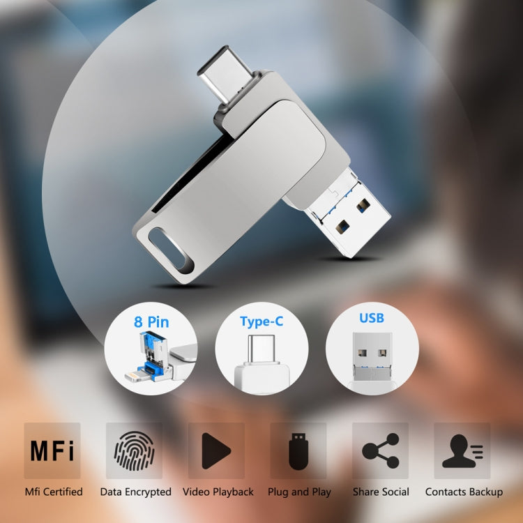 32GB USB 3.0 + 8 Pin + USB-C / Type-C 3 in 1 Phone Computer Metal Rotatable U-Disk(Black)