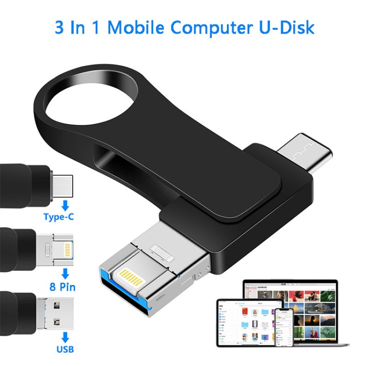 16GB USB 3.0 + 8 Pin + USB-C / Type-C 3 in 1 Mobile Computer Metal U-Disk(Black)
