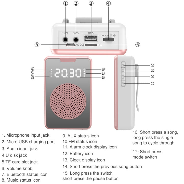 ZXL-H3 Portable Teaching Microphone Amplifier with Time Display, Spec: Wired Version (Rose Gold)