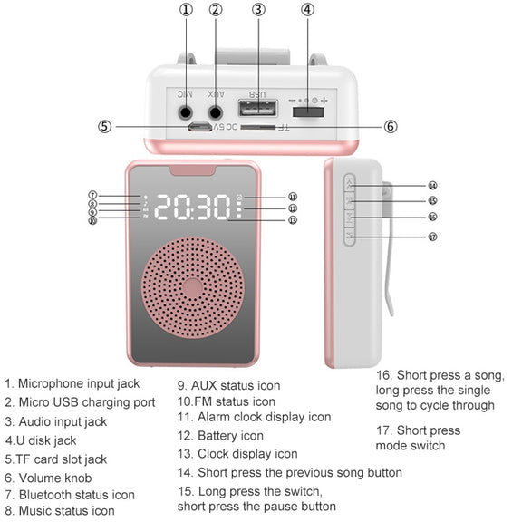 ZXL-H3 Portable Teaching Microphone Amplifier with Time Display, Spec: Wireless Version (Black)