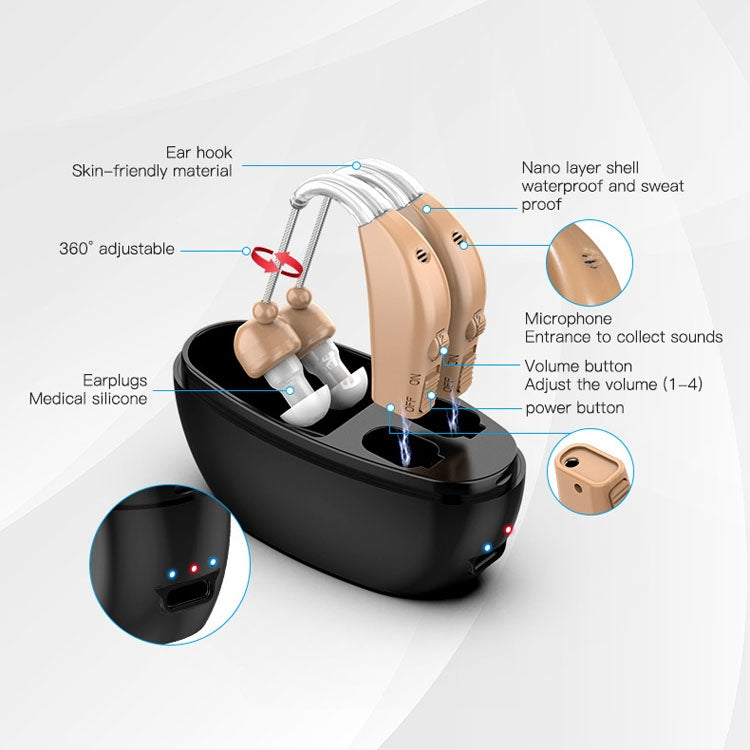 Elderly Use Can Charge Sound Amplifier Hearing Aid, Specification: EU Plug(Skin Color Double Machine+White Charging Bin)