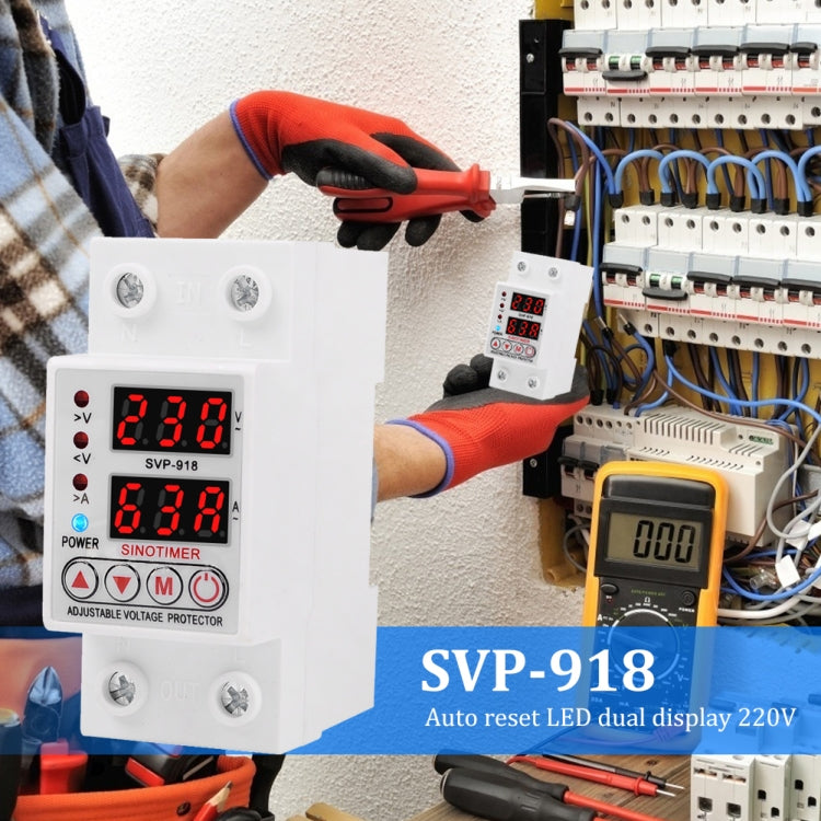 SINOTIMER SVP-918 Adjustable Self-resetting Intelligent  Over-voltage Under-voltage Protector, Current:  63A