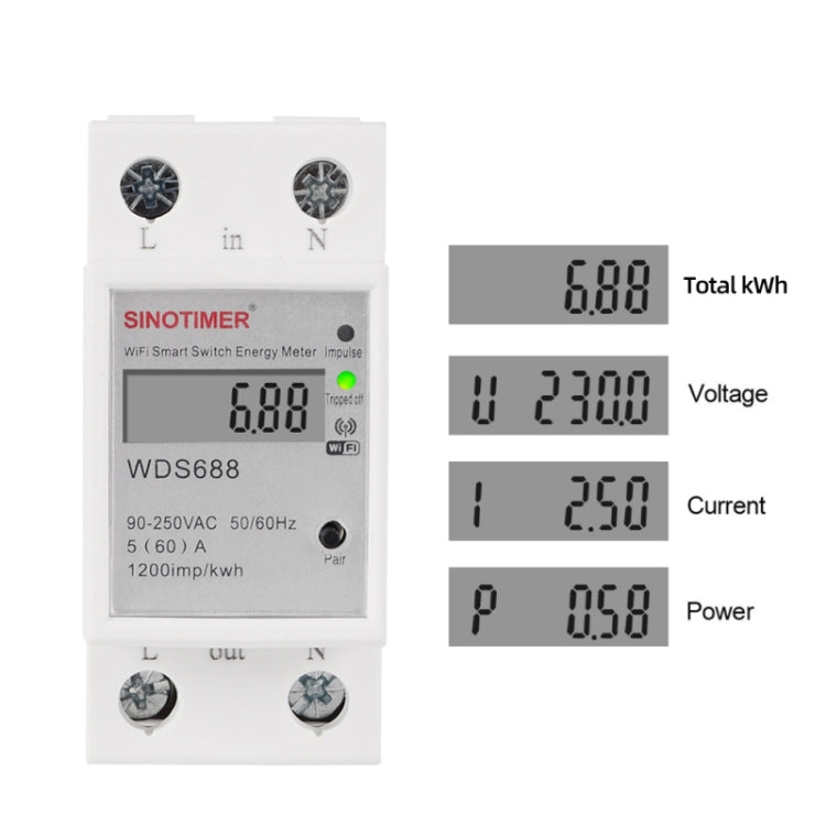 SINOTIMER WDS688 Smart WiFi Single-Phase Power Meter Mobile APP Home Rail Meter 5-60A 230V