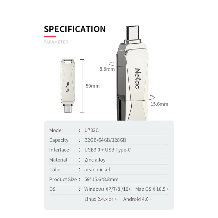 Netac U782C Type-C Dual Interface High-Speed Metal Computer USB Flash Drive, Capacity: 64GB