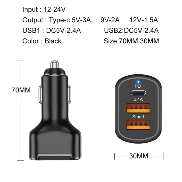 2PCS PD+2.4A Dual USB Car Charger, Style: 3 Ports (Black)