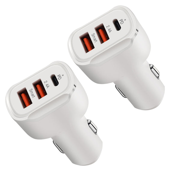 2PCS PD+2.4A Dual USB Car Charger, Style: 3 Ports (White)