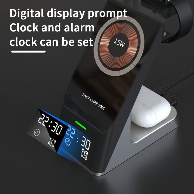H27 15W  6 In 1 With Clock Function Magnetic Phone Wireless Charger For iWatch/AirPods(Black)