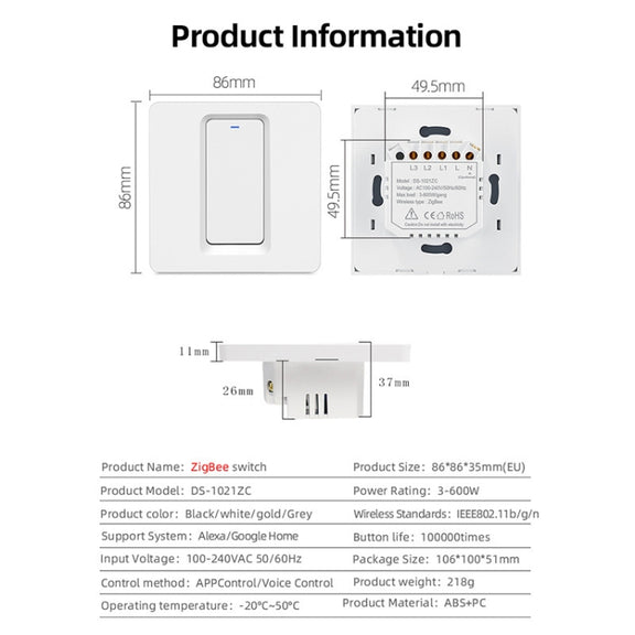 Tuya ZigBee Smart Single-fire Zero-fire Sharing Switch Phone Control Voice Panel EU Plug, Spec: 3 Buttons