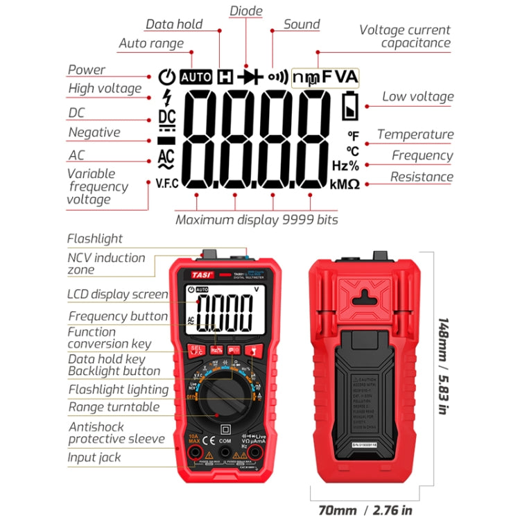 TASI TA801A Digital Multimeter Fully Automatic Multifunctional Digital Current Meter(Manual Model, Without Capacitor Measurement)
