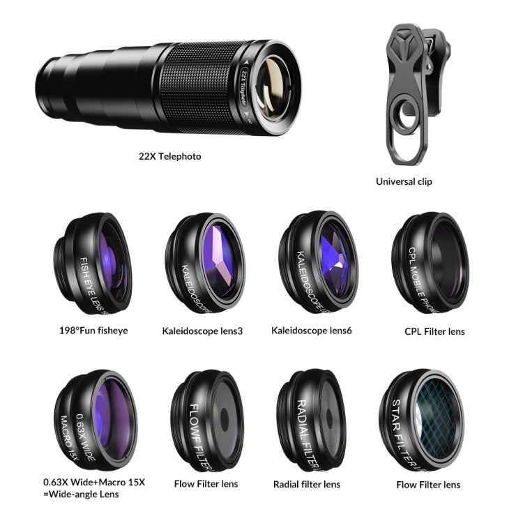 APEXEL APL-22XDG9 22X External Camera Adjustable Focus Mobile Phone Lens(10 in 1)