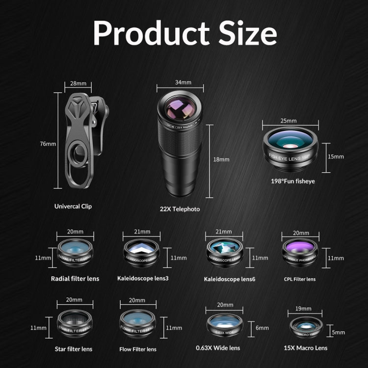 APEXEL APL-22XDG9 22X External Camera Adjustable Focus Mobile Phone Lens(10 in 1)