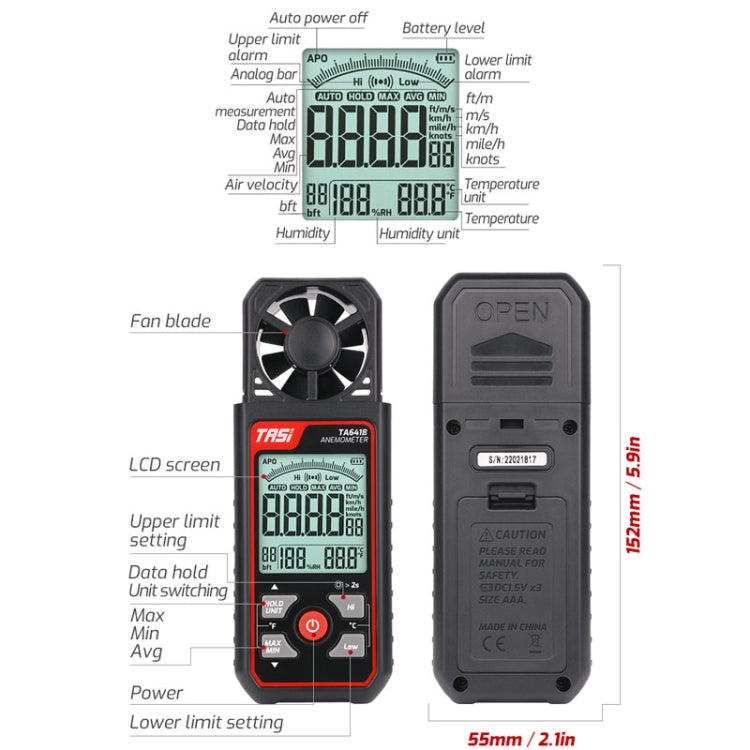 TASI TA641A High Precision Wind Speed Instrument Wind Volume Tester Handheld Wind Speed Meter