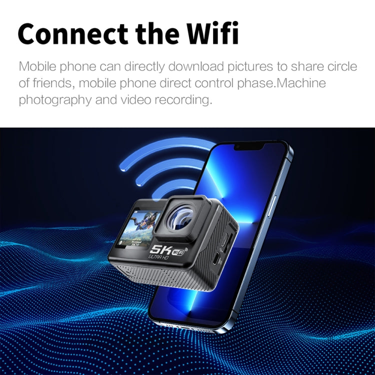 5K/30FPS WIFI HD Anti-Shake Remote Touch Dual-Screen IP68 Water-resistant Sports Camera, Style: Black