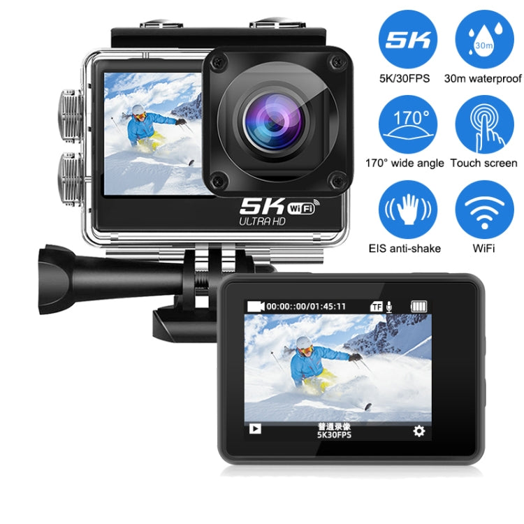 5K/30FPS WIFI HD Anti-Shake Remote Touch Dual-Screen IP68 Water-resistant Sports Camera, Style: Black