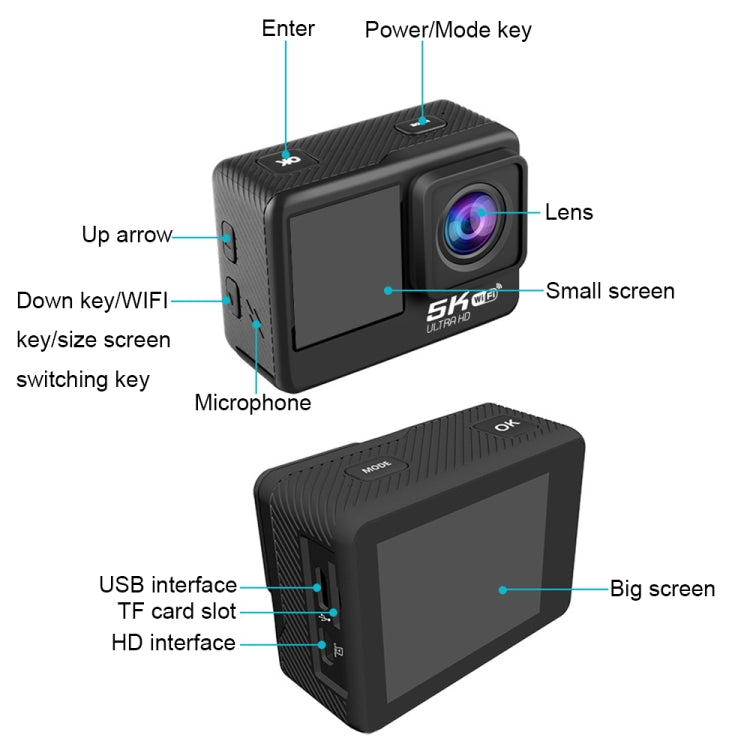 5K/30FPS WIFI HD Anti-Shake Remote Touch Dual-Screen IP68 Water-resistant Sports Camera, Style: Black
