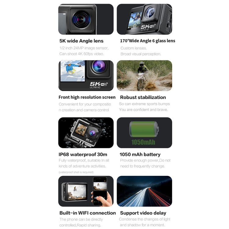 5K/30FPS WIFI HD Anti-Shake Remote Touch Dual-Screen IP68 Water-resistant Sports Camera, Style: Black