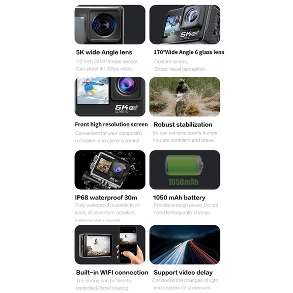 5K/30FPS WIFI HD Anti-Shake Remote Touch Dual-Screen IP68 Water-resistant Sports Camera, Style: Black