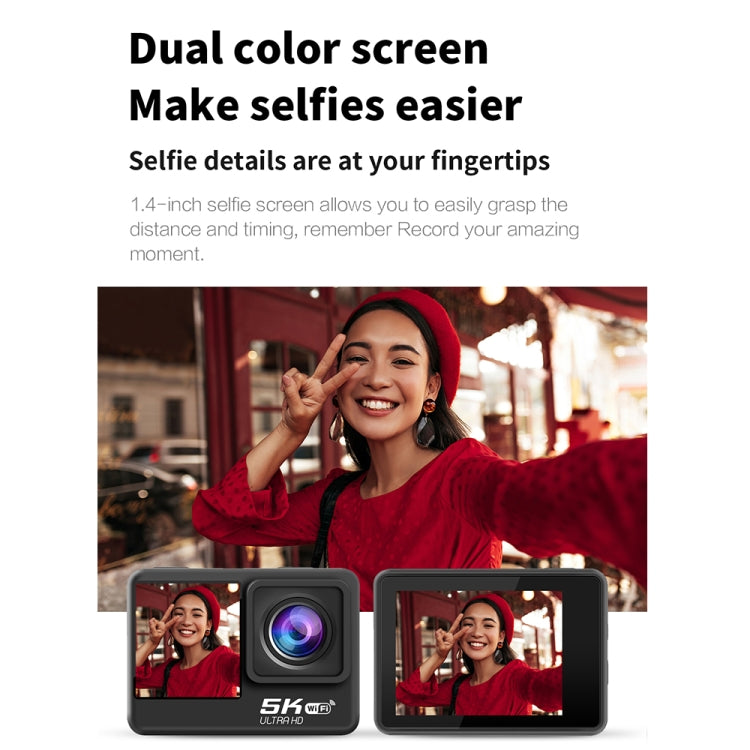 5K/30FPS WIFI HD Anti-Shake Remote Touch Dual-Screen IP68 Water-resistant Sports Camera, Style: Black