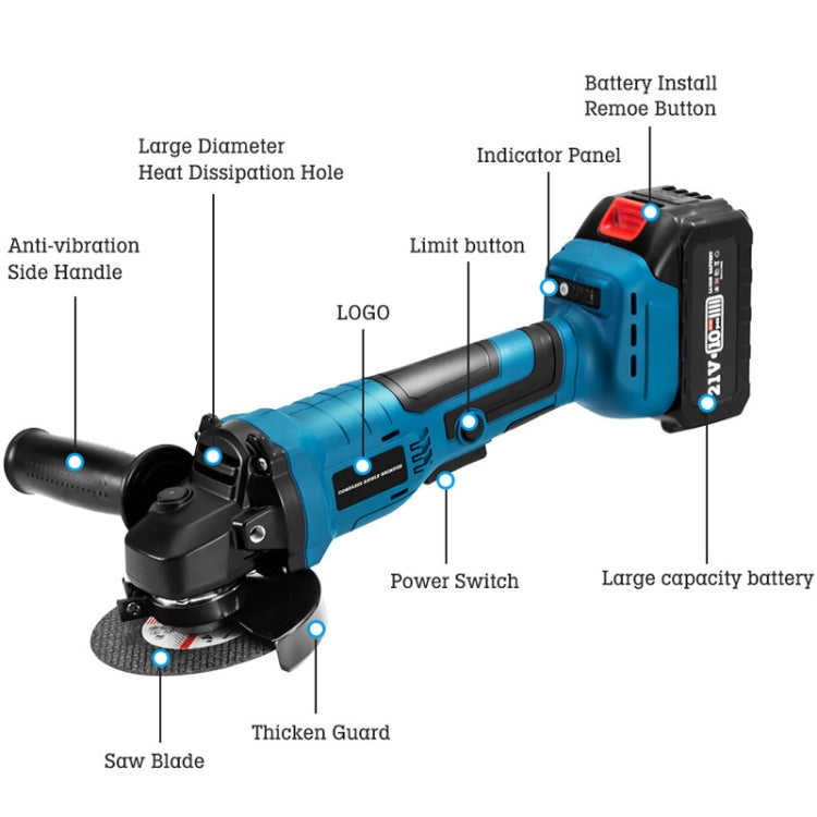 HILDA 21V Brushless Angle Grinder Lithium Cutting Machine, Model: 2 Battery +1 Charger EU Plug