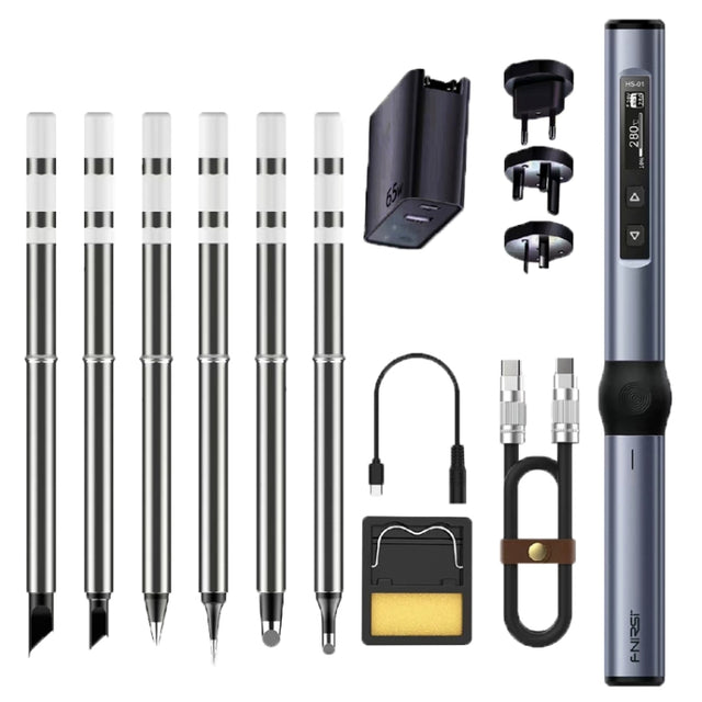FNIRSI 14pcs/ Set Mini Soldering Station Digital Display Constant Temperature Smart Soldering Iron, Color: Blue 6 Head With Power Supply
